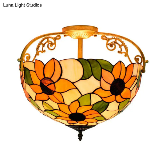 Elegant Mediterranean Cut Glass Rose Semi Flush Lighting - 3 - Light Beige/Pink/Orange Ceiling