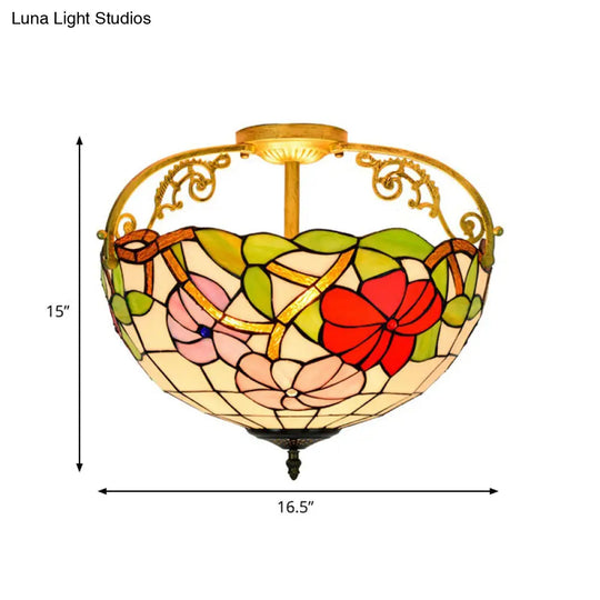 Mediterranean Semi-Flush Ceiling Light With Cut Glass Rose Design And 3 Beige/Pink/Orange Lights