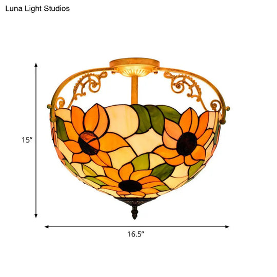 Mediterranean Semi-Flush Ceiling Light With Cut Glass Rose Design And 3 Beige/Pink/Orange Lights