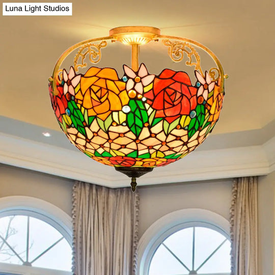 Elegant Mediterranean Cut Glass Rose Semi Flush Lighting - 3 - Light Beige/Pink/Orange Ceiling