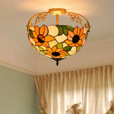 Elegant Mediterranean Cut Glass Rose Semi Flush Lighting - 3 - Light Beige/Pink/Orange Ceiling