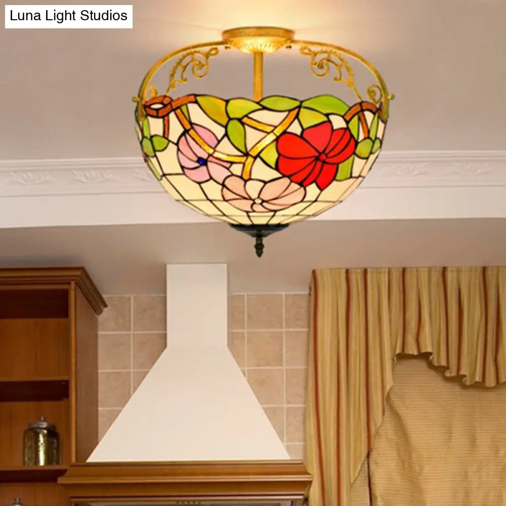 Mediterranean Semi-Flush Ceiling Light With Cut Glass Rose Design And 3 Beige/Pink/Orange Lights