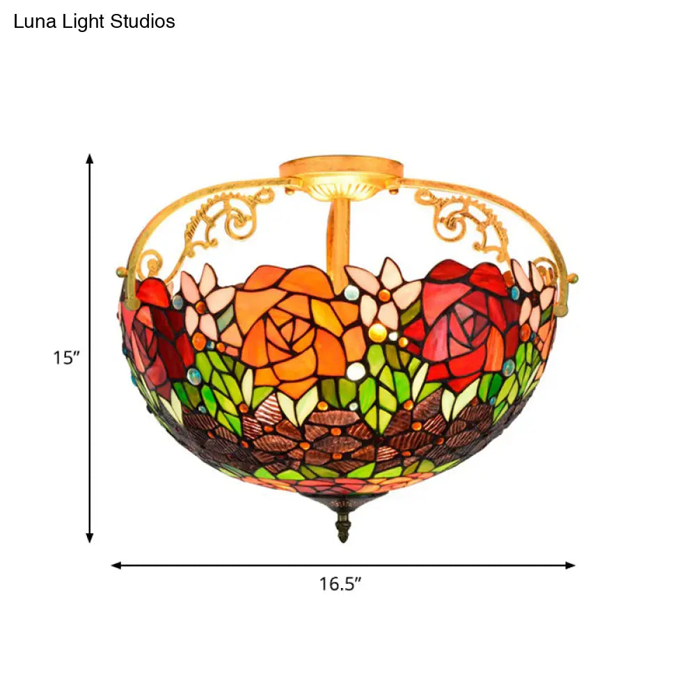 Elegant Mediterranean Cut Glass Rose Semi Flush Lighting - 3 - Light Beige/Pink/Orange Ceiling