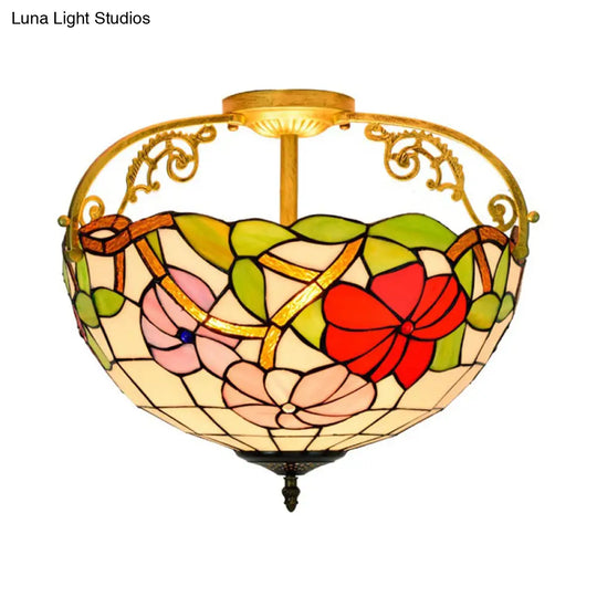 Elegant Mediterranean Cut Glass Rose Semi Flush Lighting - 3 - Light Beige/Pink/Orange Ceiling