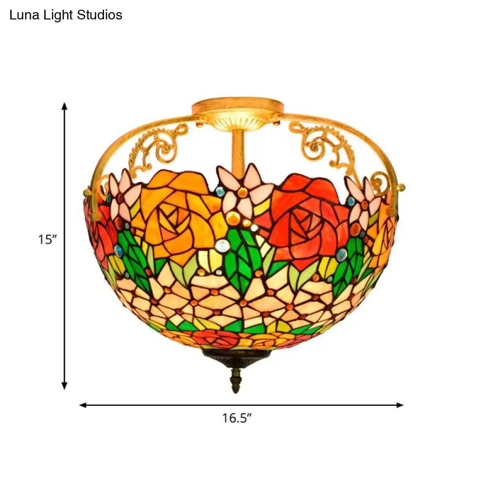 Elegant Mediterranean Cut Glass Rose Semi Flush Lighting - 3 - Light Beige/Pink/Orange Ceiling