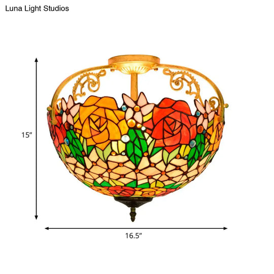 Elegant Mediterranean Cut Glass Rose Semi Flush Lighting - 3 - Light Beige/Pink/Orange Ceiling