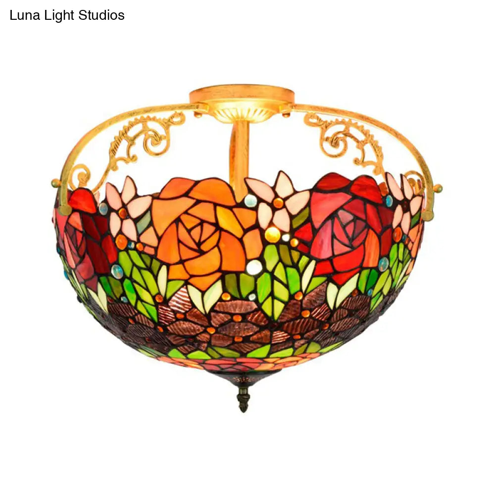 Mediterranean Semi-Flush Ceiling Light With Cut Glass Rose Design And 3 Beige/Pink/Orange Lights