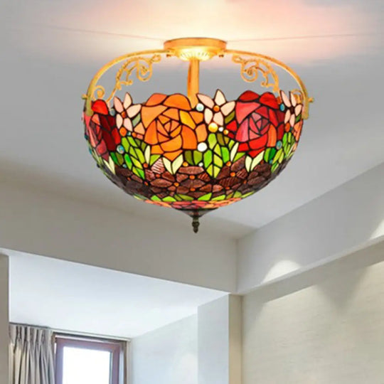 Elegant Mediterranean Cut Glass Rose Semi Flush Lighting - 3 - Light Beige/Pink/Orange Ceiling