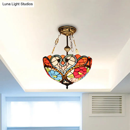 Elegant Stained Glass Blossom Ceiling Lamp With Bead Accent - Semi Flush Mount For Hotel