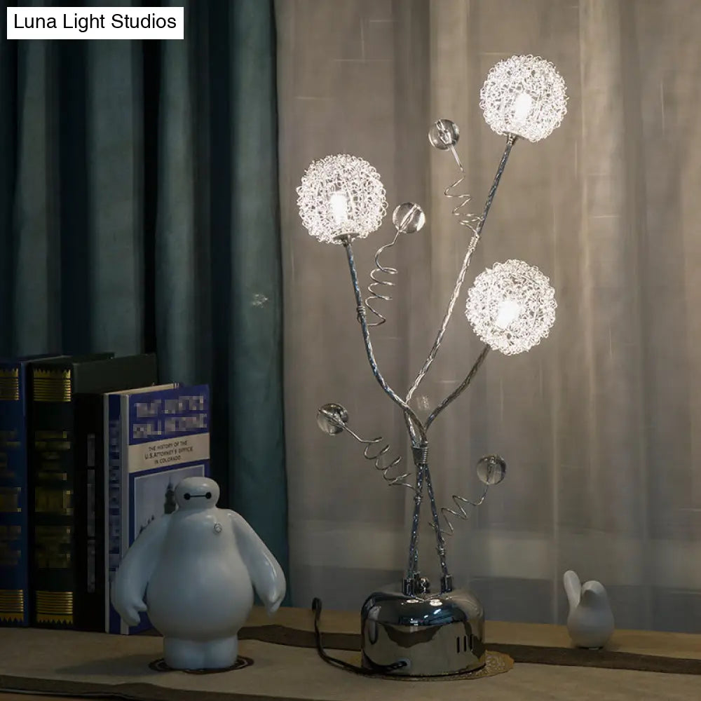 Silver Metal Desk Lamp: Branching Led Art Decor Night Table Light With Dandelion And Modo Detail