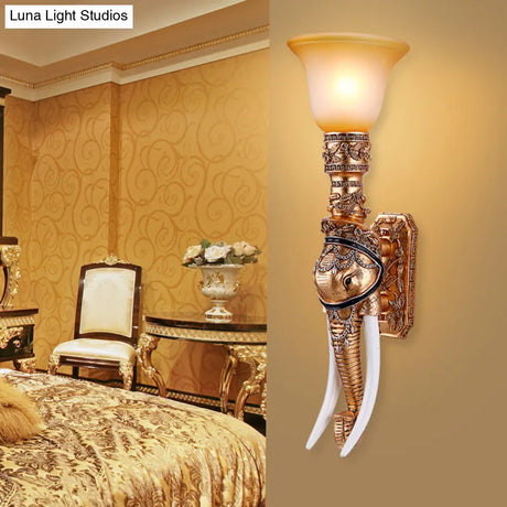 Elephant Head Wall Sconce Light - Gold Resin Traditional With Frosted Glass Shade