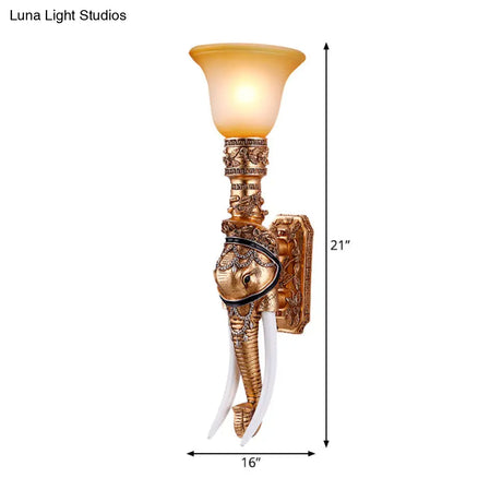 Elephant Head Wall Sconce Light - Gold Resin Traditional With Frosted Glass Shade