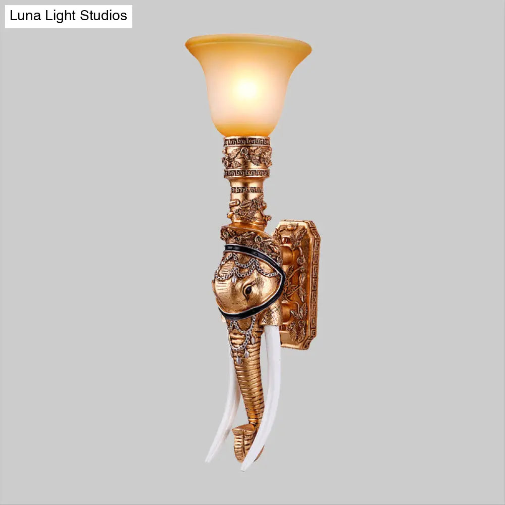 Elephant Head Wall Sconce Light - Gold Resin Traditional With Frosted Glass Shade