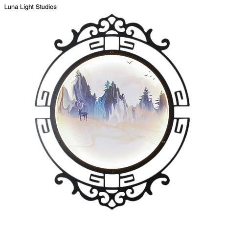 Elk And Mountain Study Room Mural Lamp: Metal Asian Wall Light With Led Scroll Frame