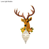 Elk Head Farmhouse Sconce: 1-Light Black & White Resin Wall Lamp With Flower Detail And Raindrop