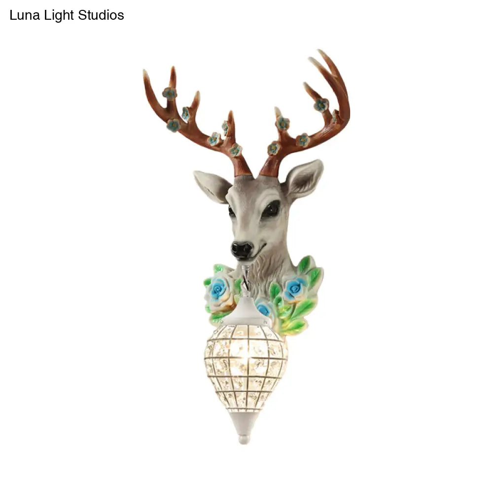 Elk Head Farmhouse Sconce: 1-Light Black & White Resin Wall Lamp With Flower Detail And Raindrop
