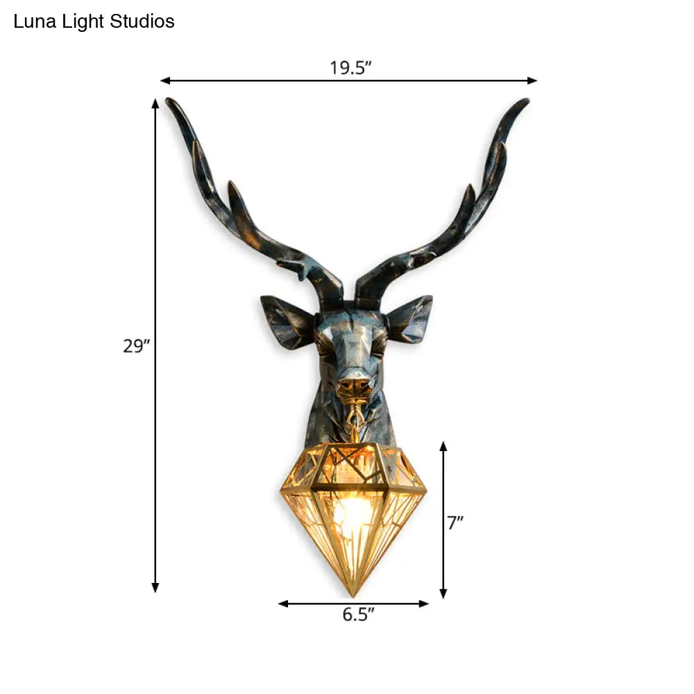 Elk Resin Wall Sconce Lamp - Lodge Style Indoor Bronze Mount Light With Diamond Cage Shade 14.5/19.5