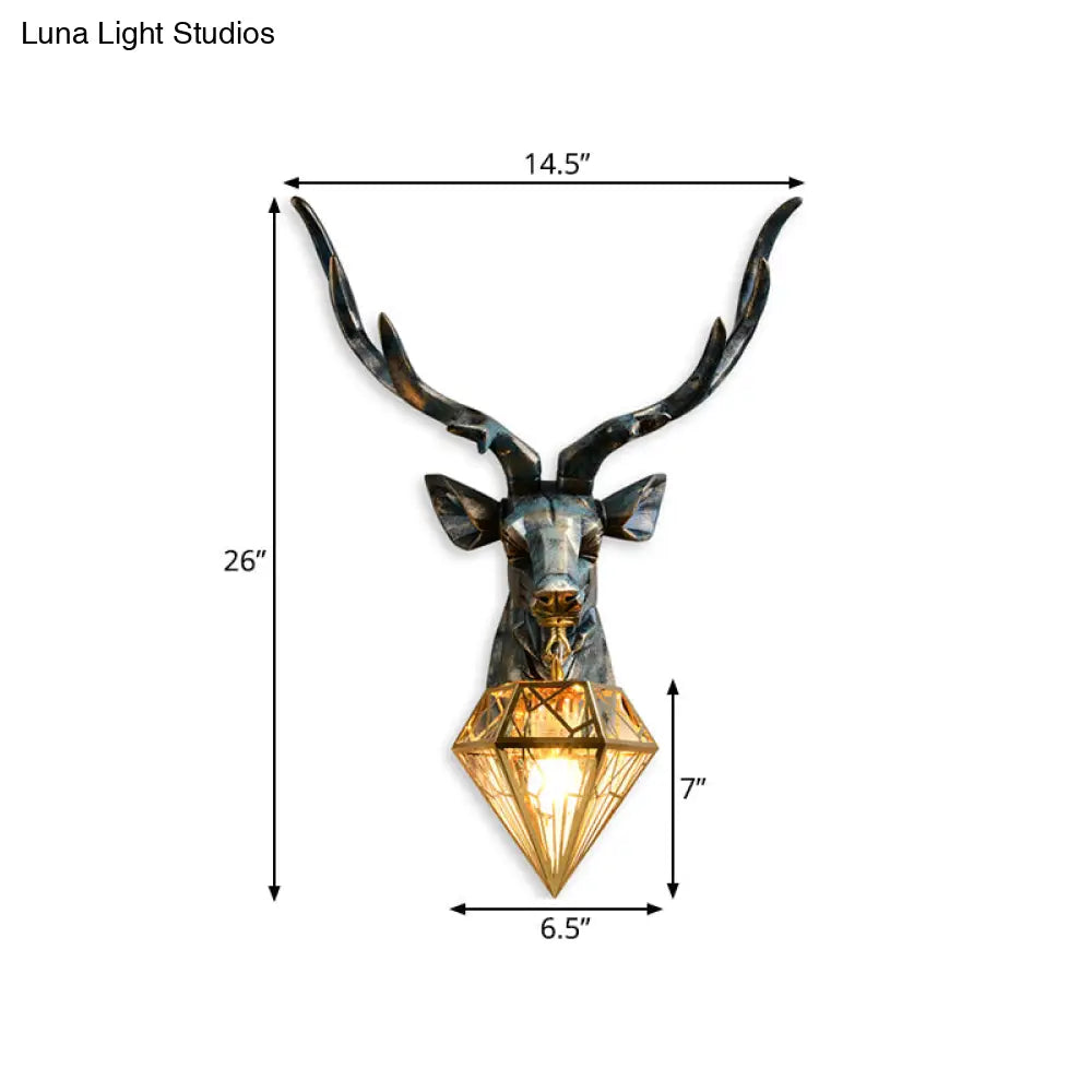 Elk Resin Wall Sconce Lamp - Lodge Style Indoor Bronze Mount Light With Diamond Cage Shade 14.5/19.5
