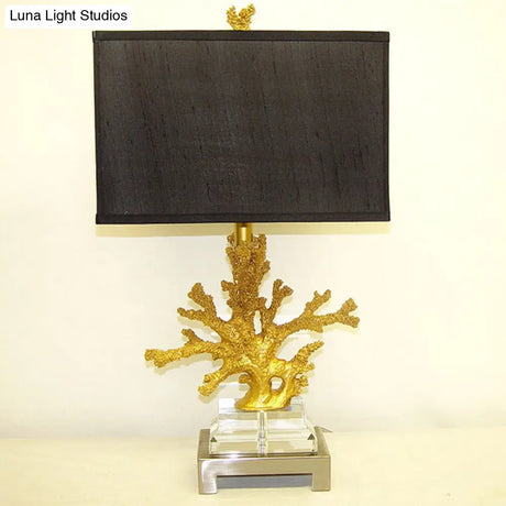 Ella - Traditional Fabric Cuboid Bedside Night Table Lamp With Coral Pedestal