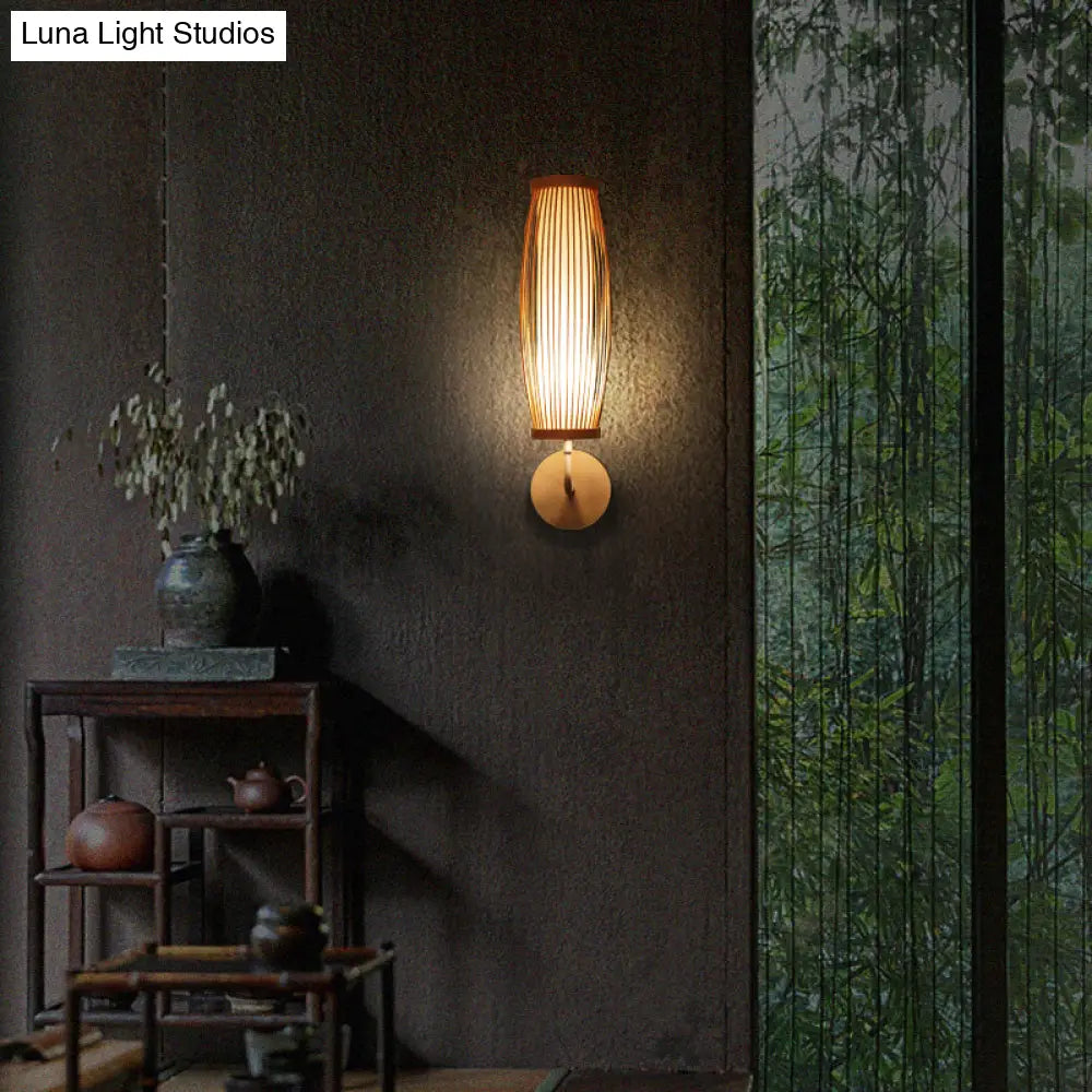 Elongated Bamboo Wall Lamp For South-East Asian Corridors - Wood Mount