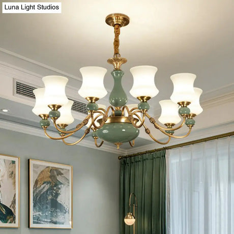 Emerald Green-Gold Retro Vase Chandelier: Opal Frosted Glass Pendant Light For Dining Room