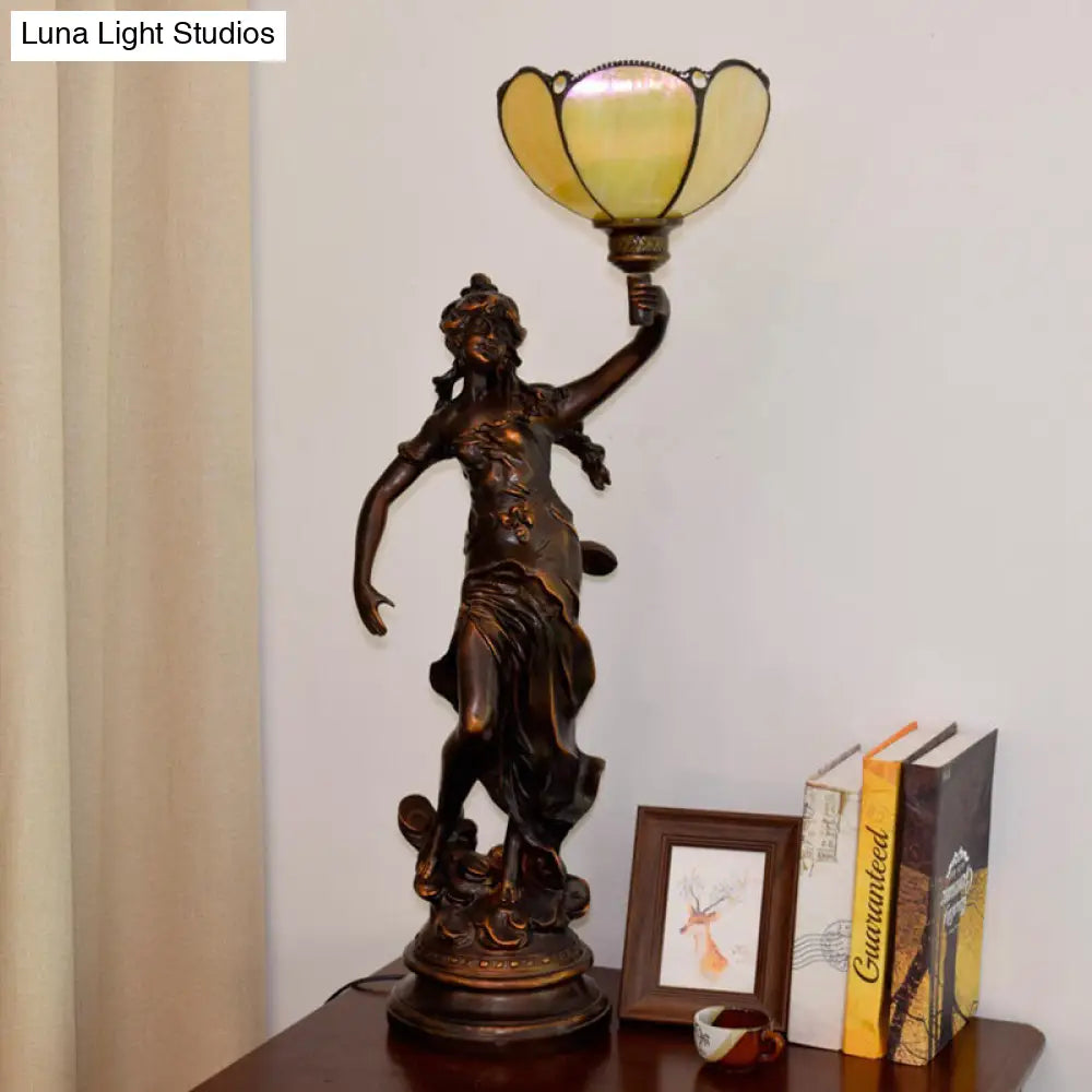 Scalloped/Cone Shade Tiffany Table Light With Greek Woman Statue - Yellow/White-Brown Yellow