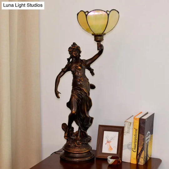 Scalloped/Cone Shade Tiffany Table Light With Greek Woman Statue - Yellow/White-Brown Yellow