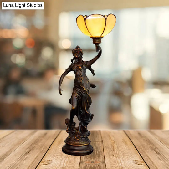Scalloped/Cone Shade Tiffany Table Light With Greek Woman Statue - Yellow/White-Brown