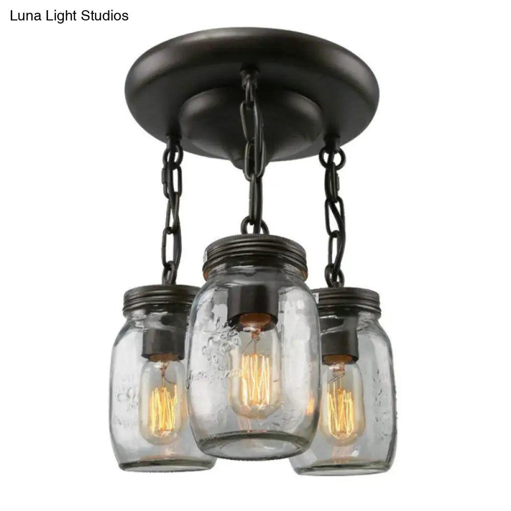 Etched Clear Glass Mason Jar Semi Flush Industrial Light Fixture - Ideal For Dining Room 3/5-Bulb