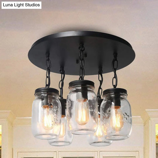 Etched Clear Glass Mason Jar Semi Flush Industrial Light Fixture - Ideal For Dining Room 3/5-Bulb