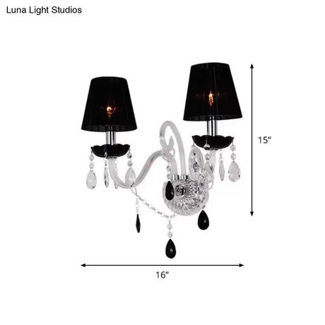European Black Crystal Wall Mount Sconce Light With Pleated Linen Shades