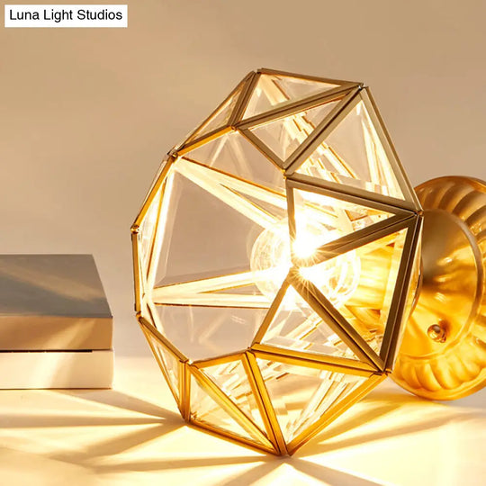 European Style Flush-Mount Ceiling Light: Full Brass Glass Shade 1 Light Polyhedron Design Bedroom