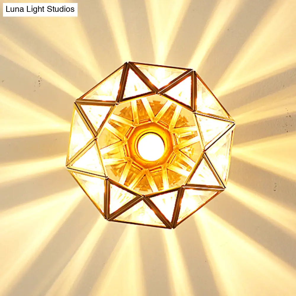 European Style Flush - Mount Ceiling Light: Full Brass Glass Shade 1 Light Polyhedron Design