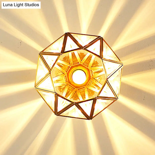 European Style Flush - Mount Ceiling Light: Full Brass Glass Shade 1 Light Polyhedron Design