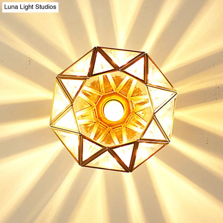 European Style Flush - Mount Ceiling Light: Full Brass Glass Shade 1 Light Polyhedron Design