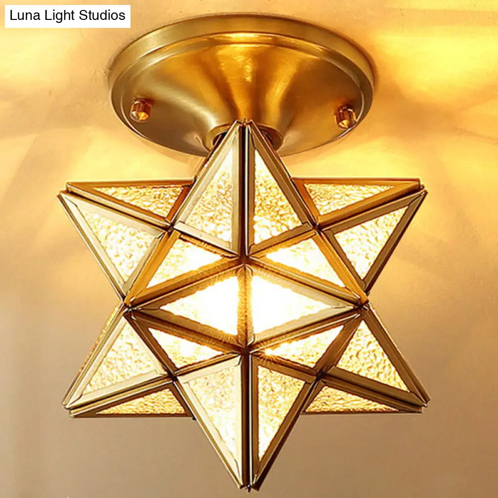 European Style Flush-Mount Ceiling Light: Full Brass Glass Shade 1 Light Polyhedron Design Bedroom