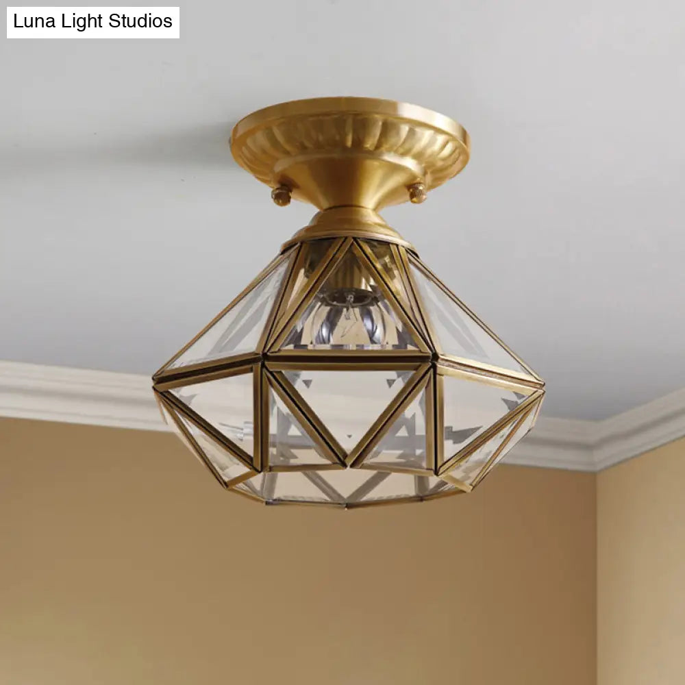 European Style Flush - Mount Ceiling Light: Full Brass Glass Shade 1 Light Polyhedron Design