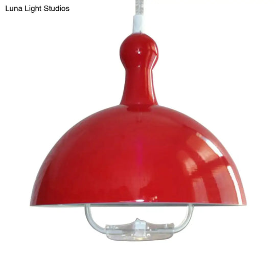 Extendable Domed Hanging Fixture - Industrial Style Chrome/Red Aluminum Ceiling Pendant With Handle