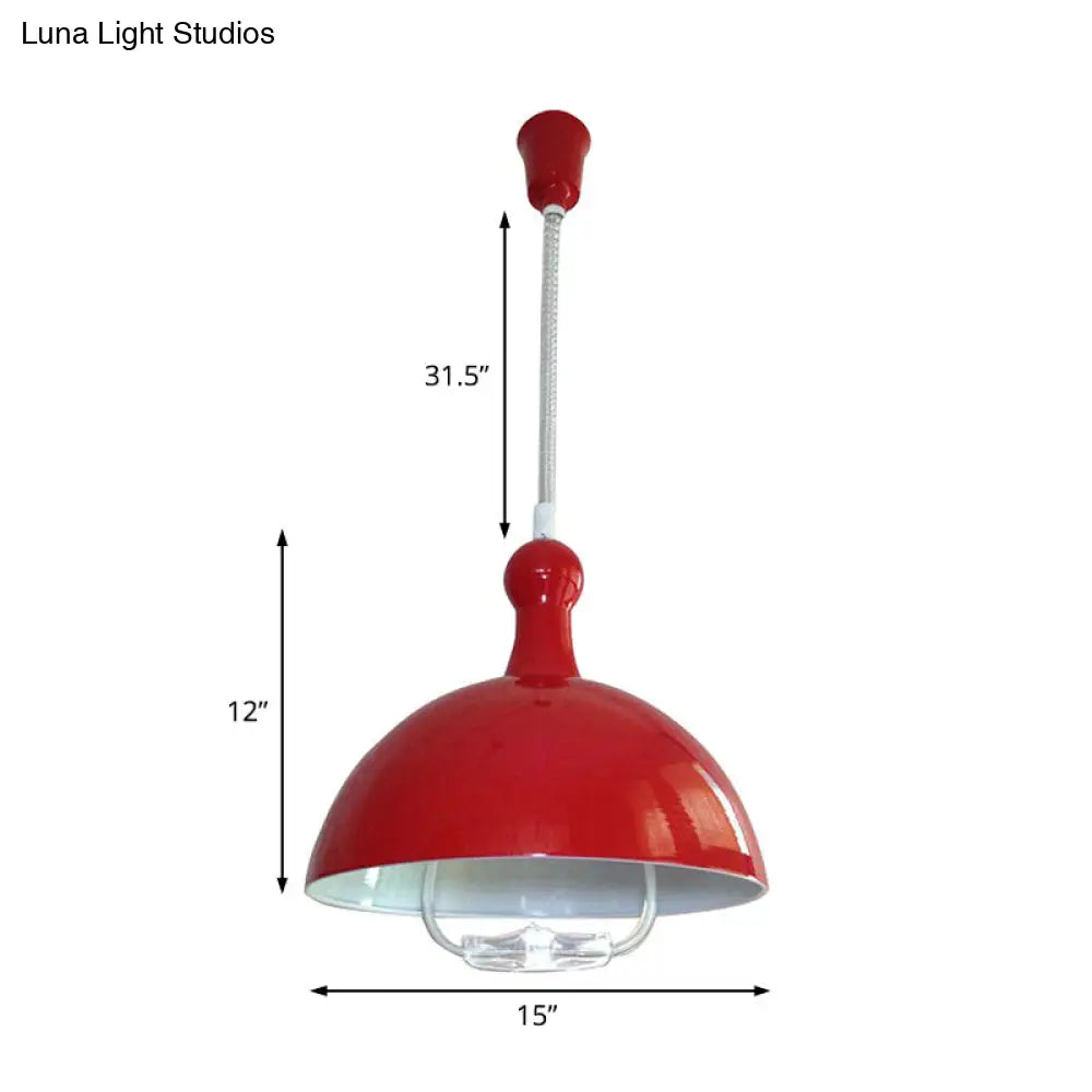 Extendable Domed Hanging Fixture - Industrial Style Chrome/Red Aluminum Ceiling Pendant With Handle