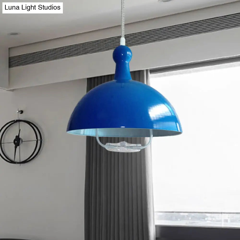 Extendable Domed Hanging Fixture - Industrial Style Chrome/Red Aluminum Ceiling Pendant With Handle