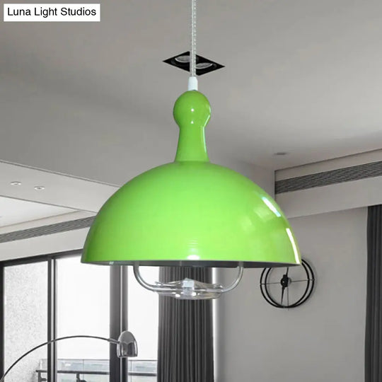Extendable Domed Hanging Fixture - Industrial Style Chrome/Red Aluminum Ceiling Pendant With Handle