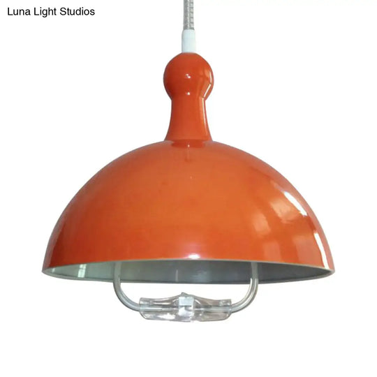 Extendable Domed Hanging Fixture - Industrial Style Chrome/Red Aluminum Ceiling Pendant With Handle
