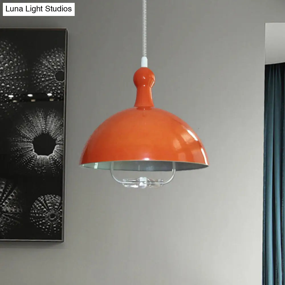 Extendable Domed Hanging Fixture - Industrial Style Chrome/Red Aluminum Ceiling Pendant With Handle