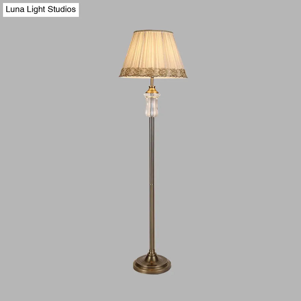 Fabric Floor Lamp With Beige Pleated Shade And Crystal Standing Light Traditional Style Elegant Trim