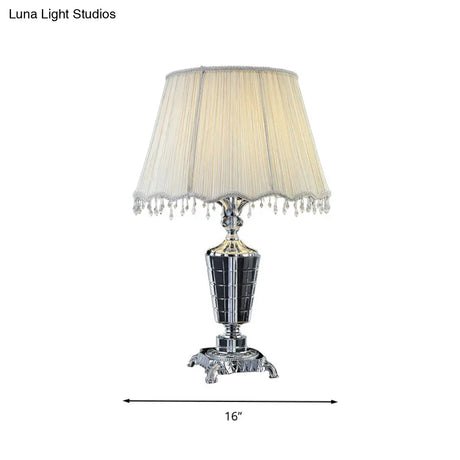 Fabric Night Table Lamp With Crystal Draping - Traditional White Empire Shade