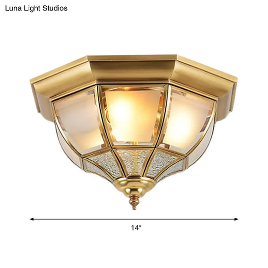 Faceted Clear Glass Dining Room Flush Lamp Traditional Brass Finish Ceiling Lighting - 14/18 Width