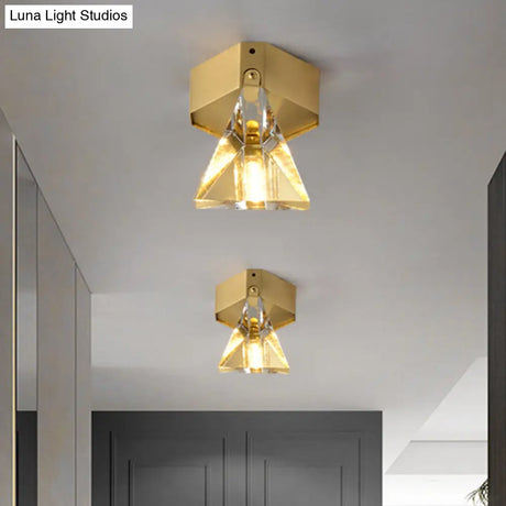 Faceted Crystal Flush Mount Ceiling Light Fixture - Minimalist Led Brass Finish Lighting