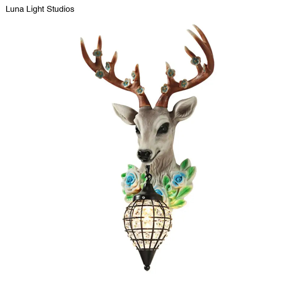 Faceted Crystal Sphere Wall Sconce Light - Black/White 1-Head Lamp With Elk Decor In Grey/Yellow