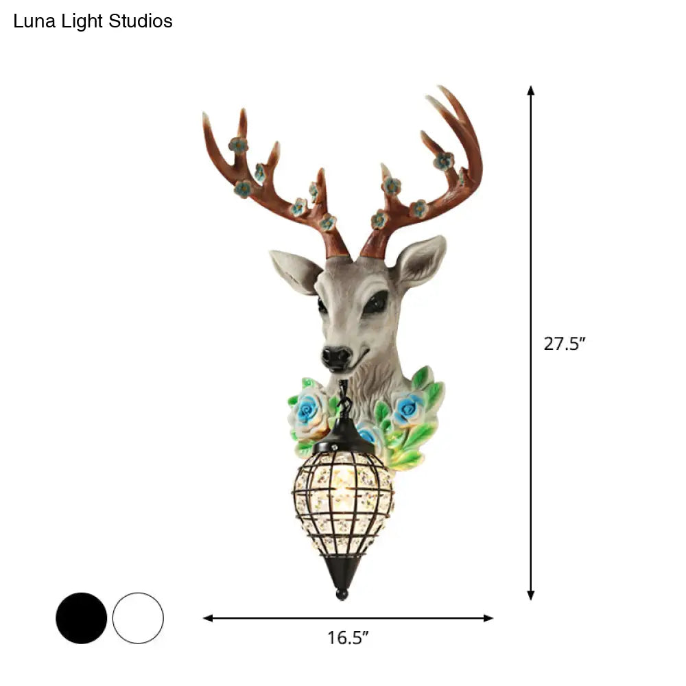 Faceted Crystal Sphere Wall Sconce Light - Black/White 1-Head Lamp With Elk Decor In Grey/Yellow