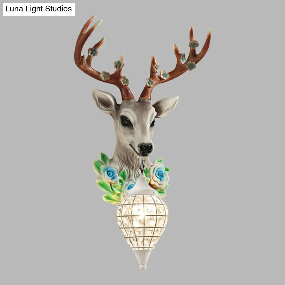 Faceted Crystal Sphere Wall Sconce Light - Black/White 1-Head Lamp With Elk Decor In Grey/Yellow